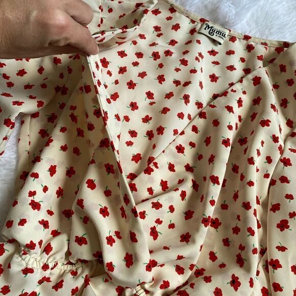 Show Me Your Mumu Floral Top Deep Plunge Front Cream Red Elastic Bottom Size XS - Picture 6 of 10